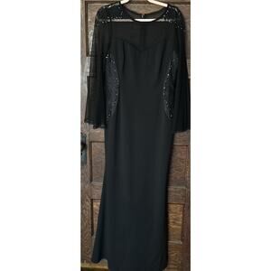 Adrianna Papell Black Floor Length Dress Lace Open Bell Sleeve Sz 12 Vamp Witchy